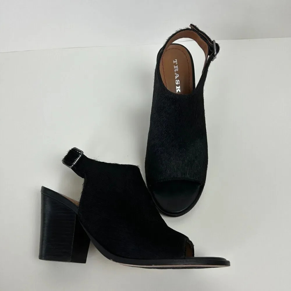 Trask Parker Sandals Womens Size 9 Black Calf Hair Heels Mob Wife Style Ladies